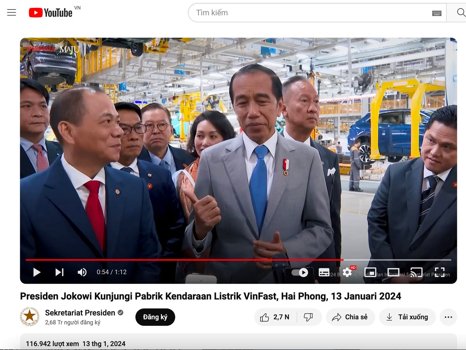 Kênh YouTube của Tổng thống Indonesia đăng video thăm nhà máy VinFast cùng ông Phạm Nhật Vượng: Công bố “đặc quyền” dành cho hãng xe Việt