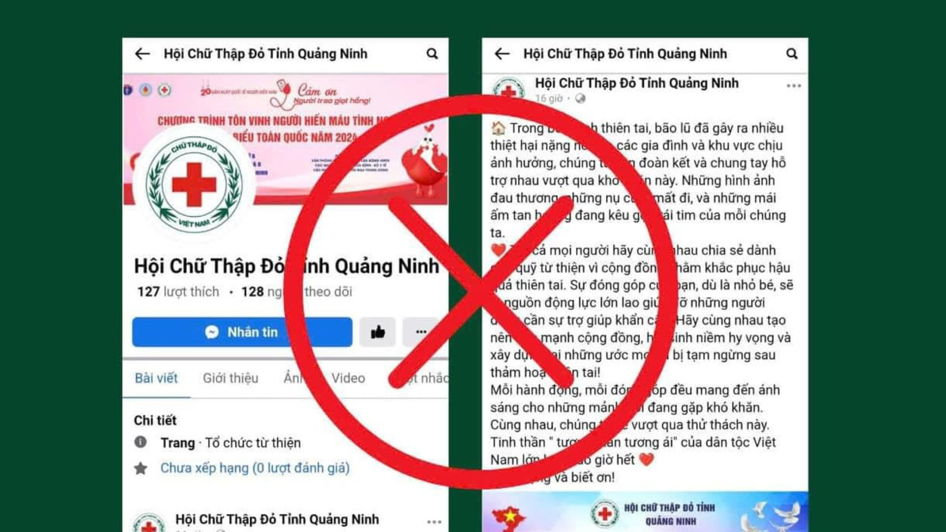 Cảnh báo Fanpage mạo danh Hội Chữ thập đỏ tỉnh Quảng Ninh lừa đảo kêu gọi quyên góp ủng hộ người dân vùng bão