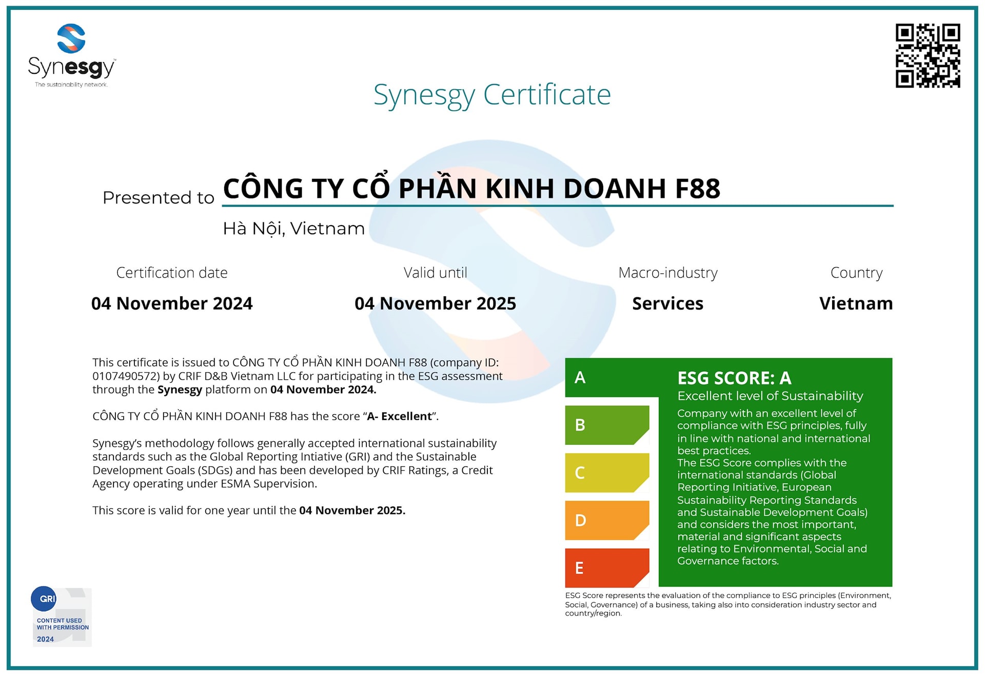 F88 được Synesgy công nhận tuân thủ xuất sắc bộ tiêu chuẩn ESG