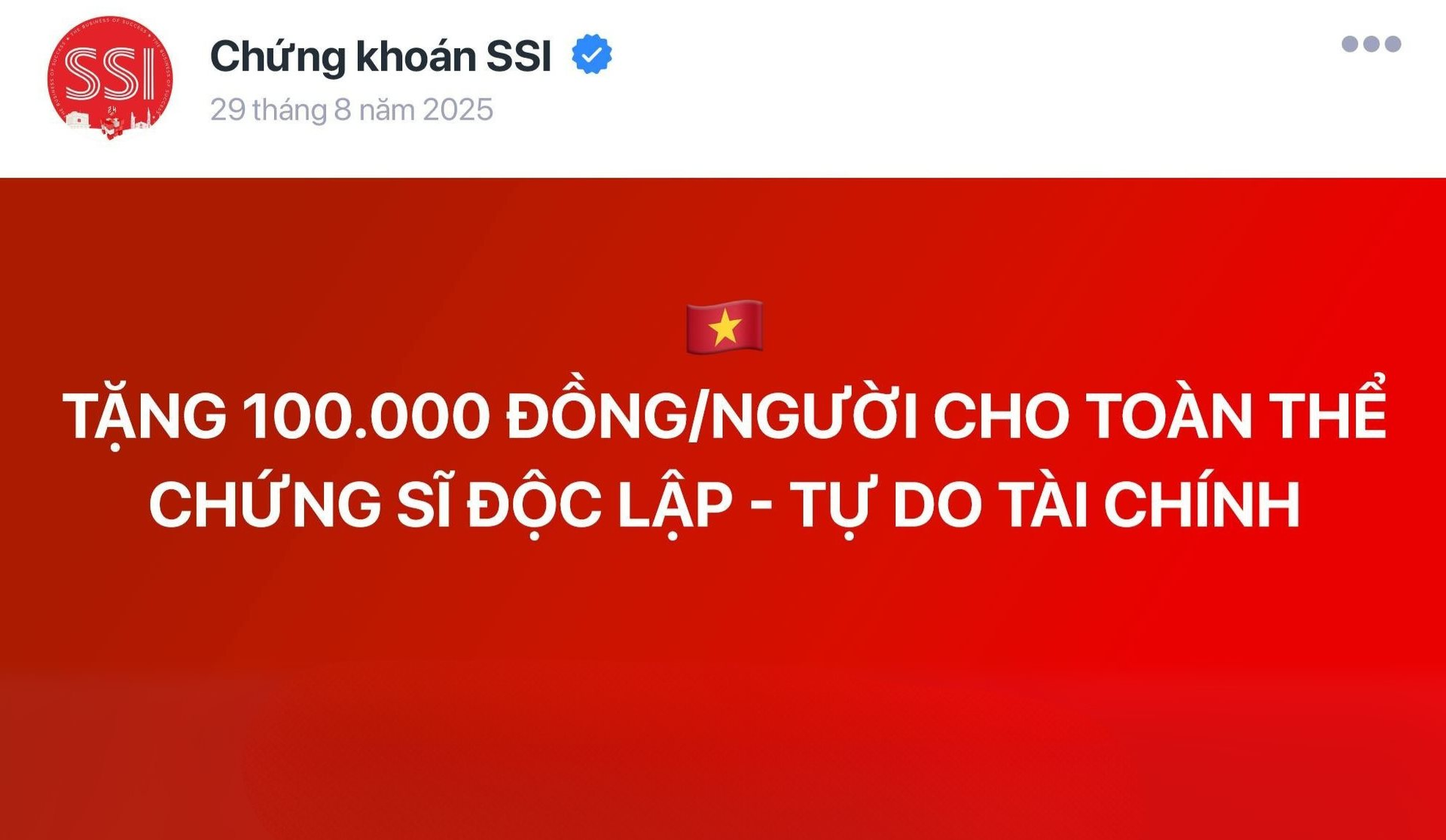 Thêm công ty chứng khoán tặng chứng sĩ 100.000 đồng dịp 2/9
