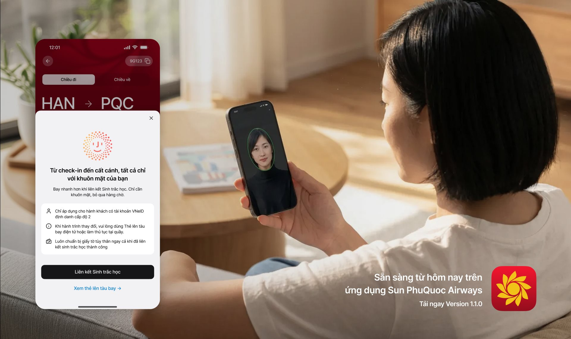 Hãng hàng không Sun PhuQuoc Airways rút ngắn hành trình tại sân bay bằng thủ tục trực tuyến với sinh trắc học