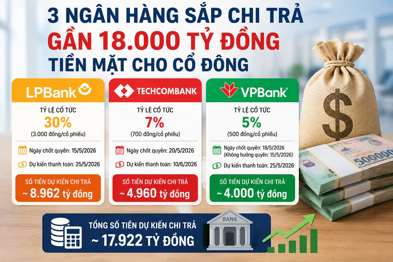 Cổ đông ba ngân hàng sắp nhận gần 18.000 tỷ đồng cổ tức tiền mặt: LPBank chi số tiền bằng VPBank và Techcombank cộng lại