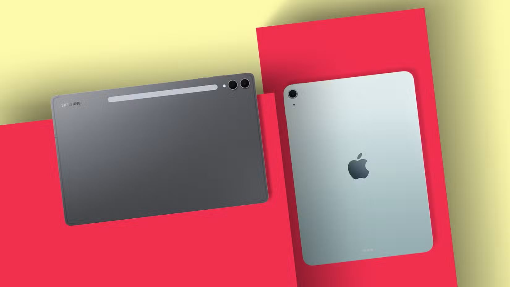 back-view-of-a-gray-samsung-tablet-and-a-silver-apple-ipad-on-a-red-and-yellow-background.png