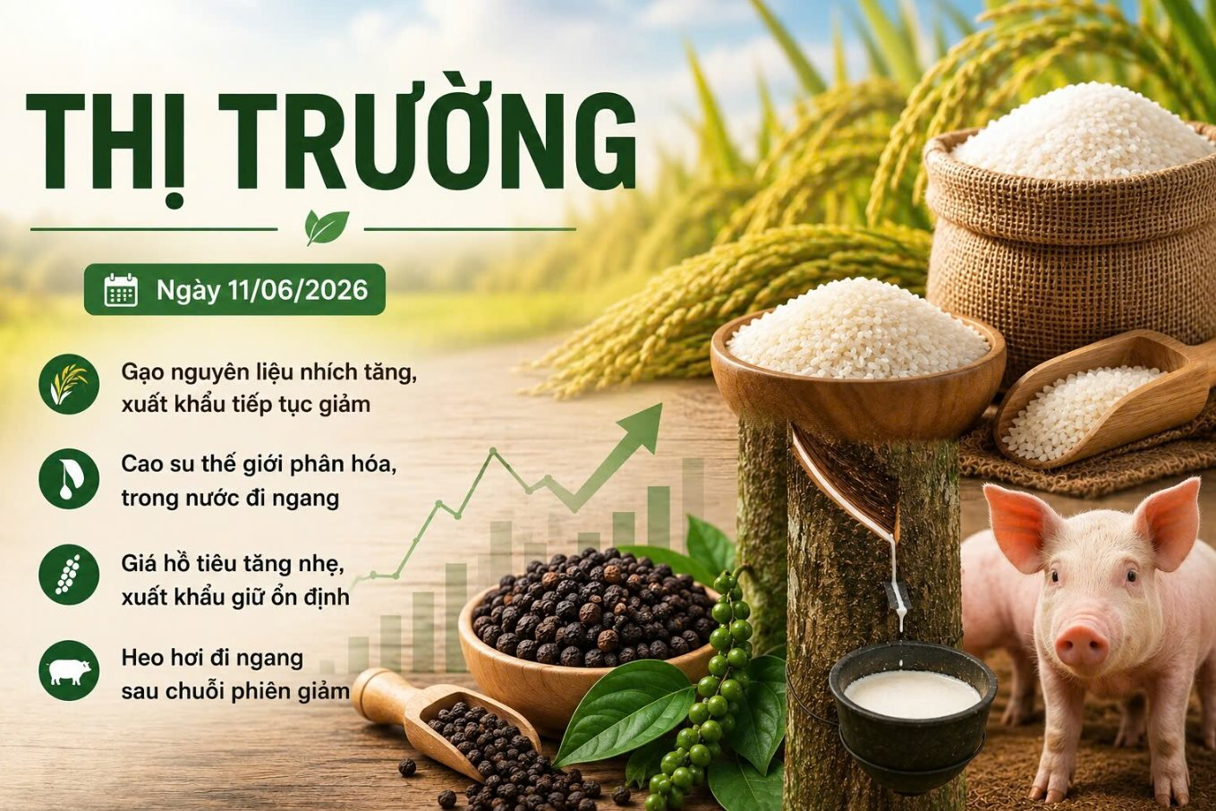 Thị trường ngày 11/6: Gạo xuất khẩu giảm giá, hồ tiêu bật tăng, heo hơi ổn định