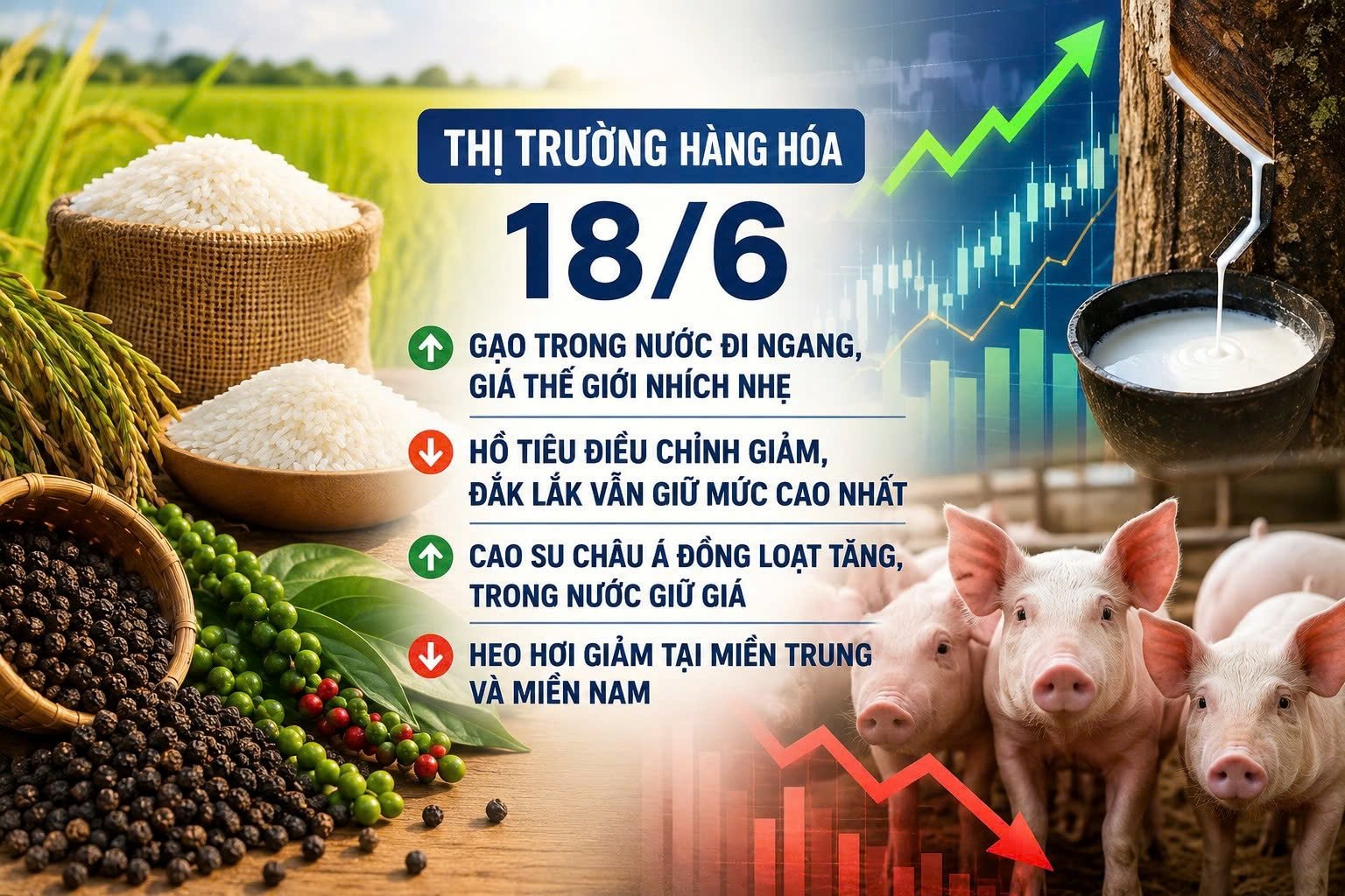 Thị trường hàng hoá 18/6: Cao su châu Á đồng loạt tăng, heo hơi tiếp tục chịu áp lực giảm