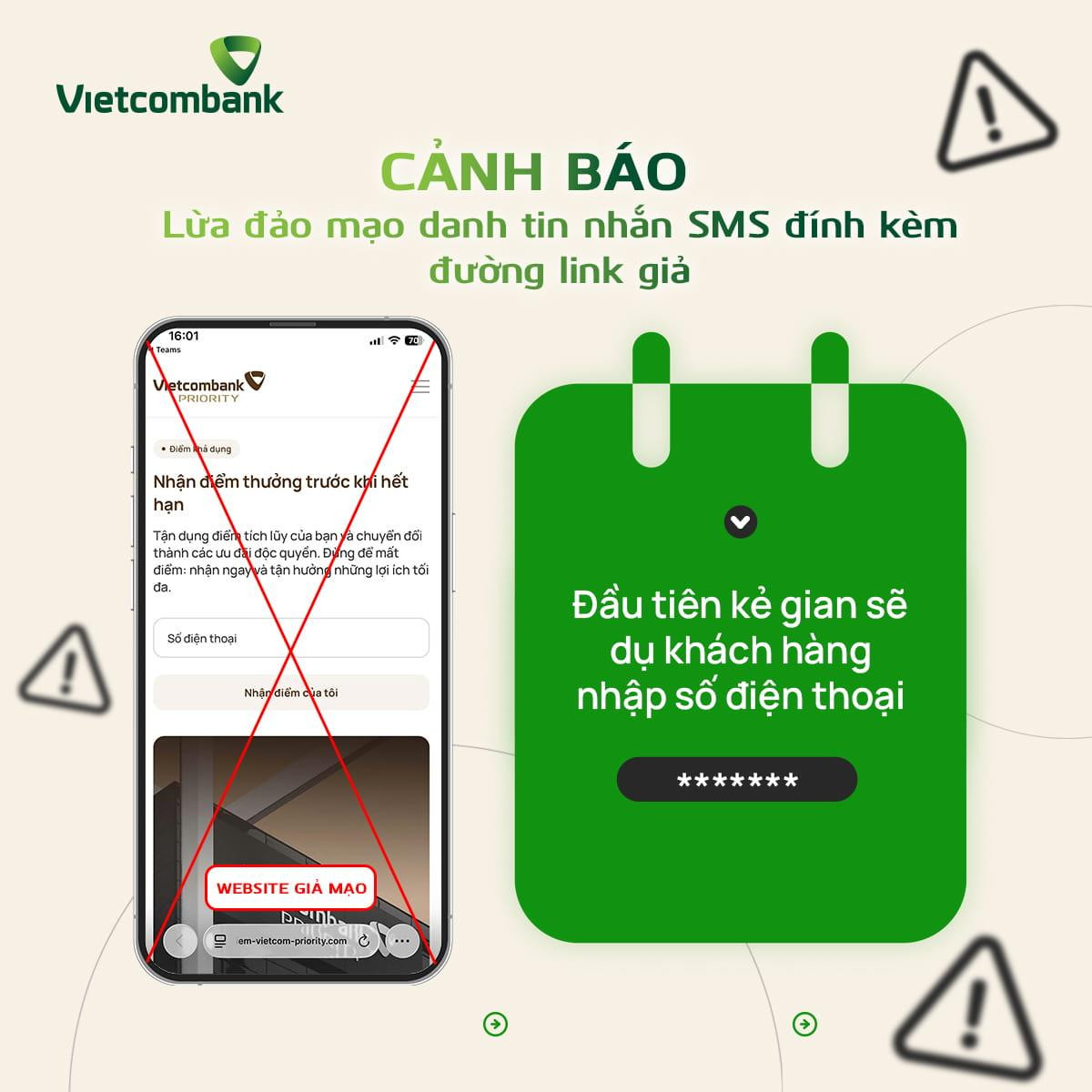 Vietcombank cảnh báo: Khách hàng có thể mất sạch tiền trong thẻ nếu làm theo tin nhắn này