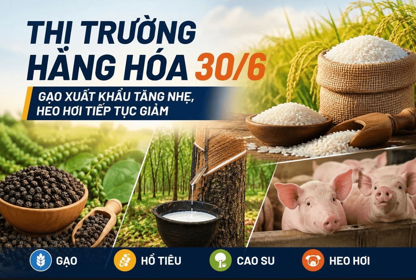 Thị trường hàng hoá 30/6: Giá gạo tăng, cao su và hồ tiêu ổn định