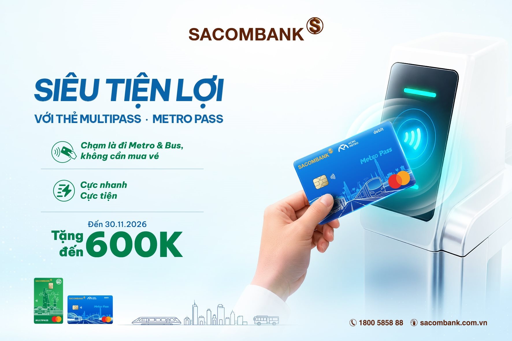 Đi xe buýt miễn phí lại nhận thêm ưu đãi lên đến 600.000 đồng với bộ đôi thẻ thanh toán giao thông Sacombank