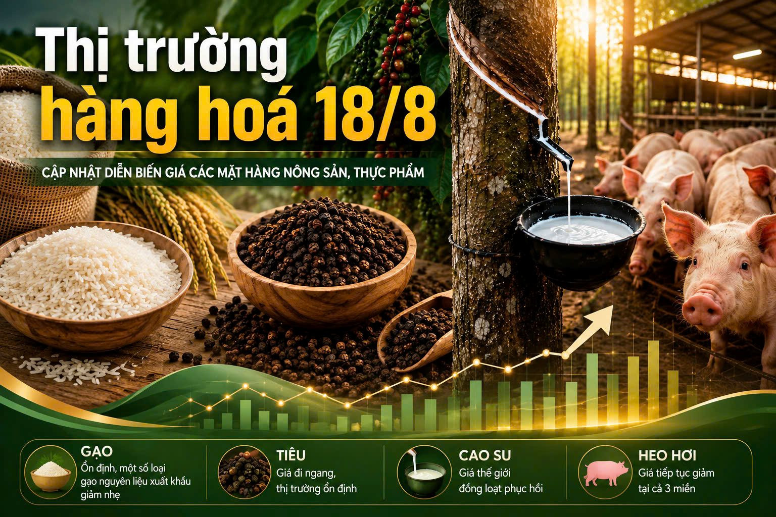Thị trường hàng hóa 18/8: Gạo nguyên liệu và heo hơi cùng giảm