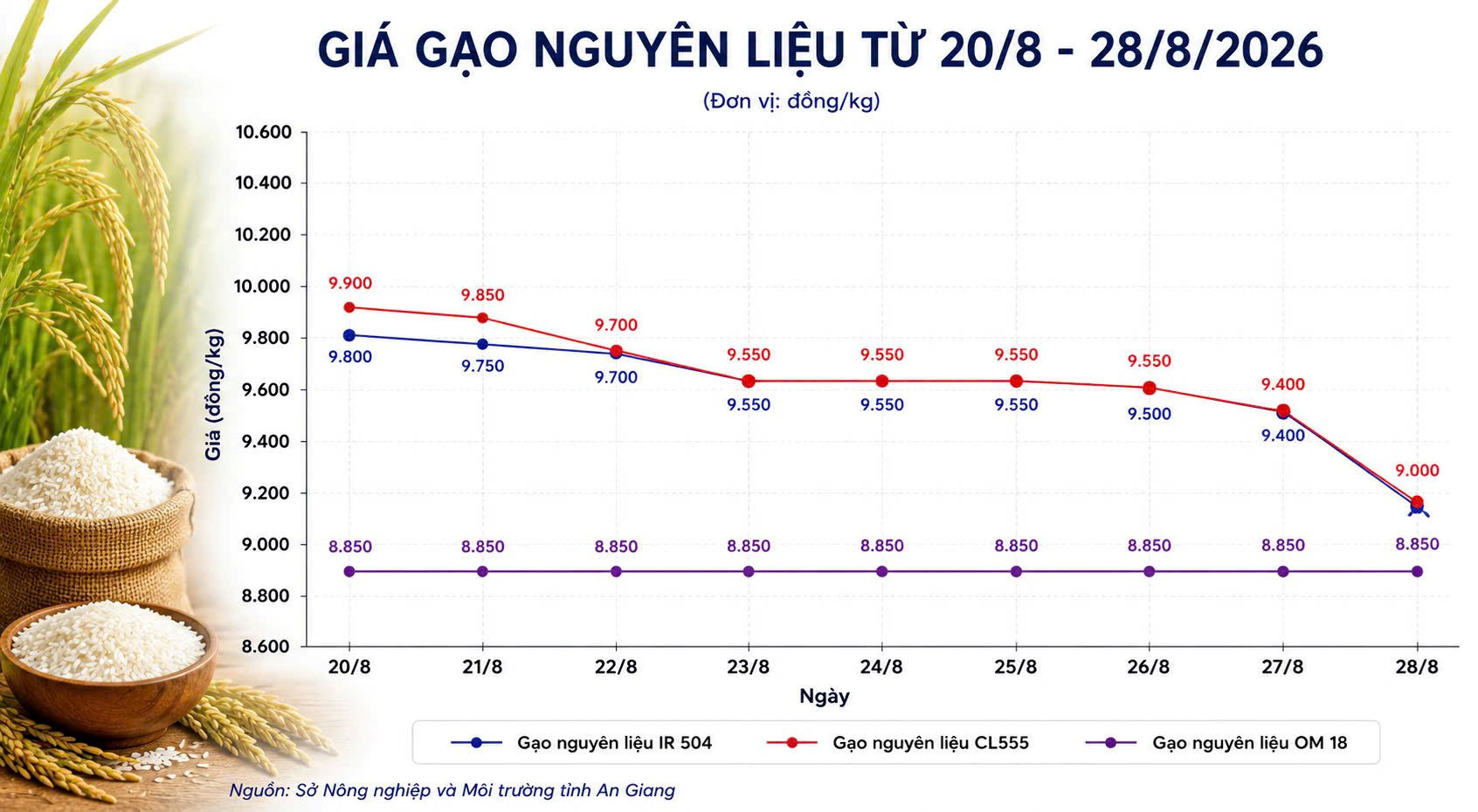 Thị trường hàng hóa 28/8: Gạo nguyên liệu giảm mạnh, heo hơi miền Bắc quay đầu