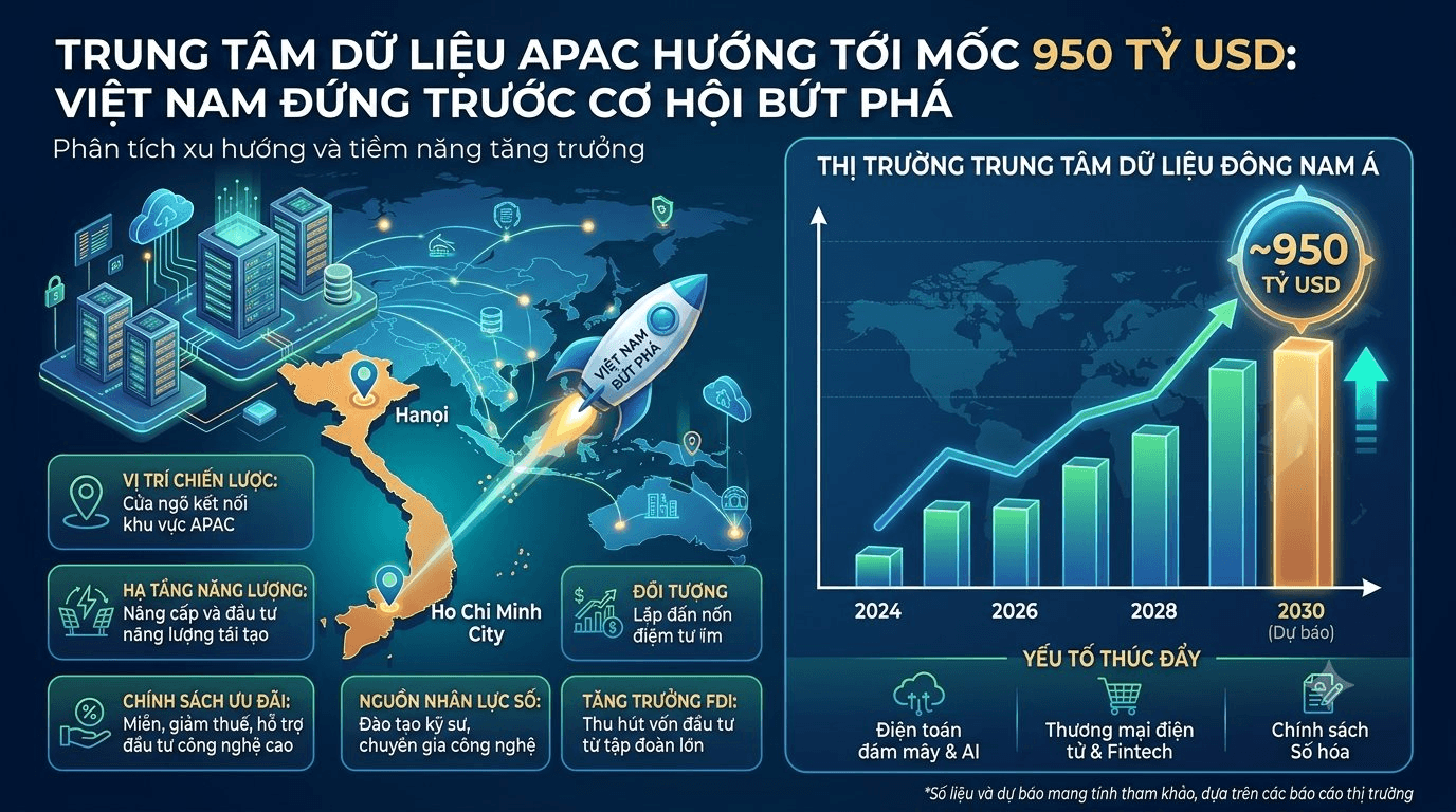 Thị trường trung tâm dữ liệu APAC hướng tới mốc 950 tỷ USD: Việt Nam đứng trước cơ hội bứt phá