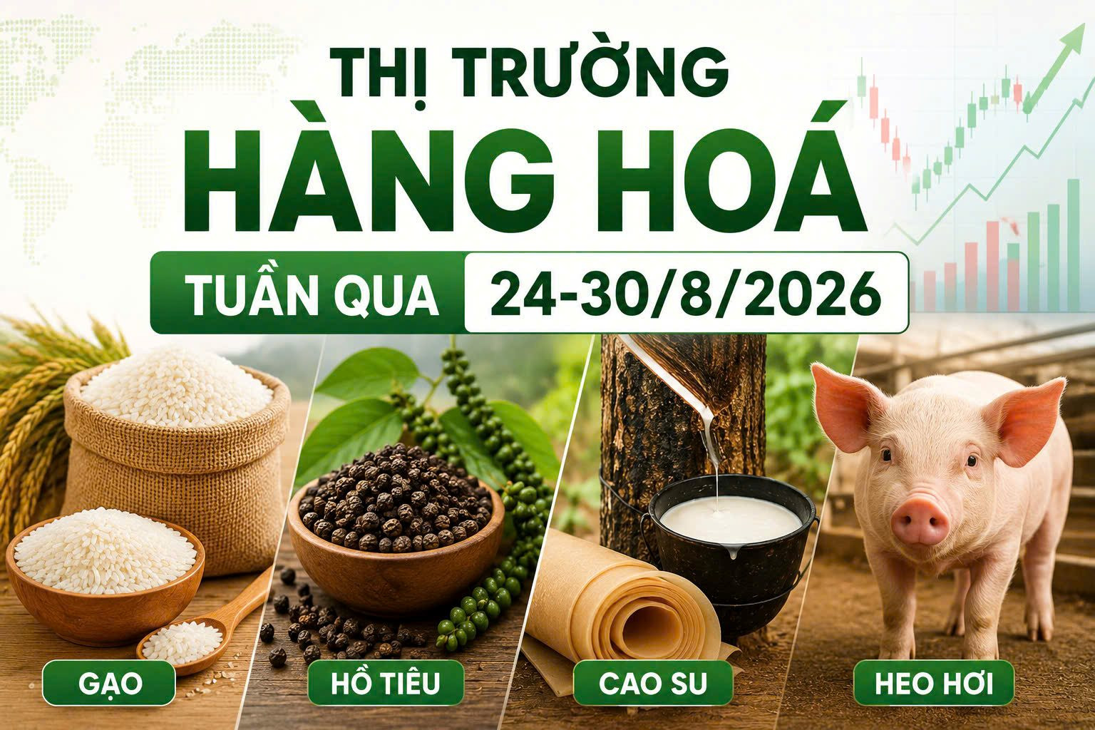 Thị trường hàng hoá tuần qua 24–30/8: Gạo giảm sâu, heo hơi tăng rồi quay đầu