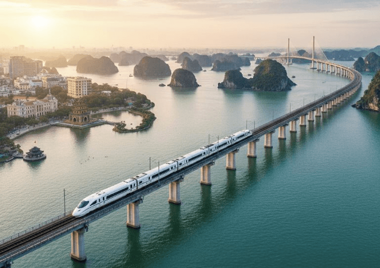 Không chỉ làm siêu đường sắt tốc độ 350km/h, tỷ phú Phạm Nhật Vượng còn cho xây 9 cầu vượt sông, 11 cầu cạn, dự kiến 2028 người Việt đi từ VEC tới Hạ Long chỉ mất 23 phút