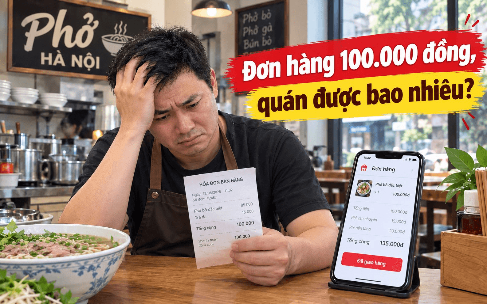 Bán 100.000 đồng đồ ăn trên app, gần 80.000 đồng 'bốc hơi' sau 3 khoản chi: Chủ quán phở ở Hà Nội tiết lộ cuộc đua tốn tiền sau mỗi đơn hàng