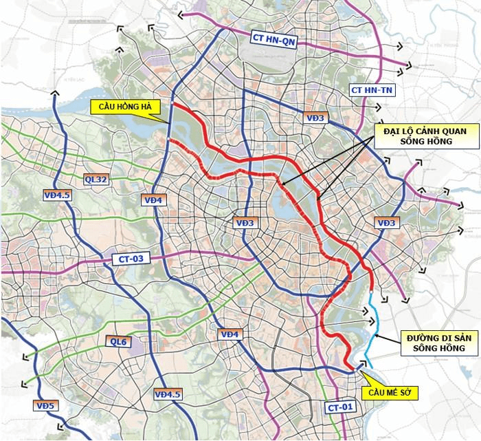 Trục đại lộ cảnh quan sông Hồng dự kiến dài 80km với 10 làn xe, kết nối 2 bên sông bằng 17 cây cầu