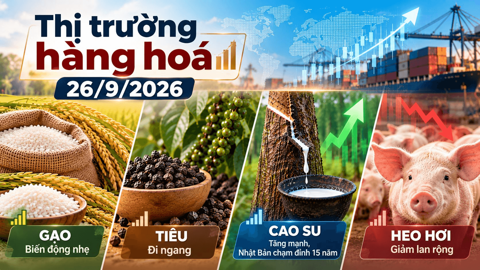 Thị trường hàng hóa ngày 26/9: Cao su chạm đỉnh 15 năm, heo hơi giảm lan rộng

