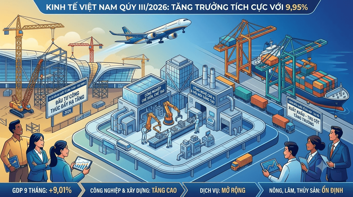 Ba động lực tăng trưởng kinh tế Việt Nam 9 tháng năm 2026