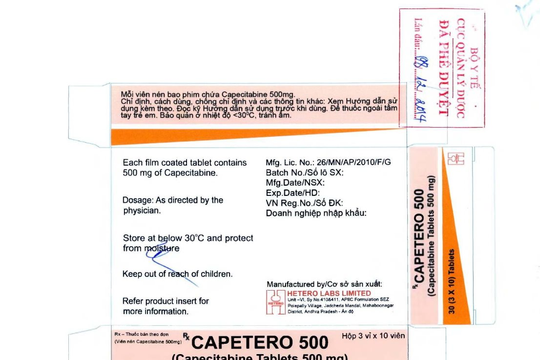 Thu hồi trên toàn quốc 2 lô thuốc chữa ung thư Capetero 500 nhập lậu