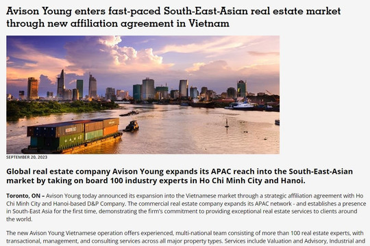 Ông lớn dịch vụ bất động sản toàn cầu Avison Young chính thức bước chân vào thị trường Việt Nam
