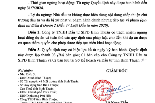 Bình Thuận ra quyết định ngừng hoạt động 2 dự án khu du lịch từ cuối tháng 7/2024