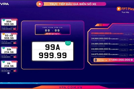 Công ty Đấu giá Hợp danh Việt Nam VPA thông báo: Biển ô tô 'ngũ quý'  99A-999.99 trúng đấu giá gần 28 tỷ