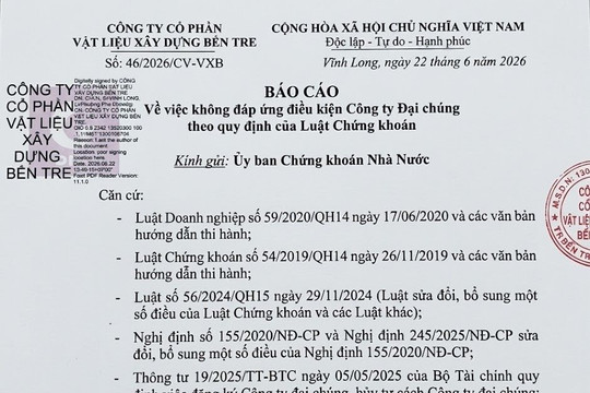 CTCP Vật liệu Xây dựng Bến Tre không đáp ứng điều kiện Công ty Đại chúng theo quy định của Luật Chứng khoán