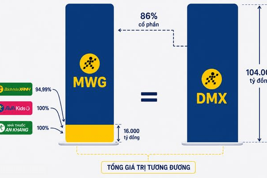 Nắm trong tay Điện Máy Xanh, Bách Hóa Xanh, An Khang, vốn hóa MWG chỉ ngang DMX