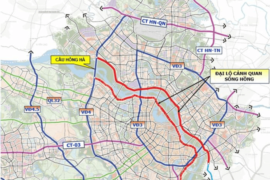 Trục đại lộ cảnh quan sông Hồng dự kiến dài 80km với 10 làn xe, kết nối 2 bên sông bằng 17 cây cầu
